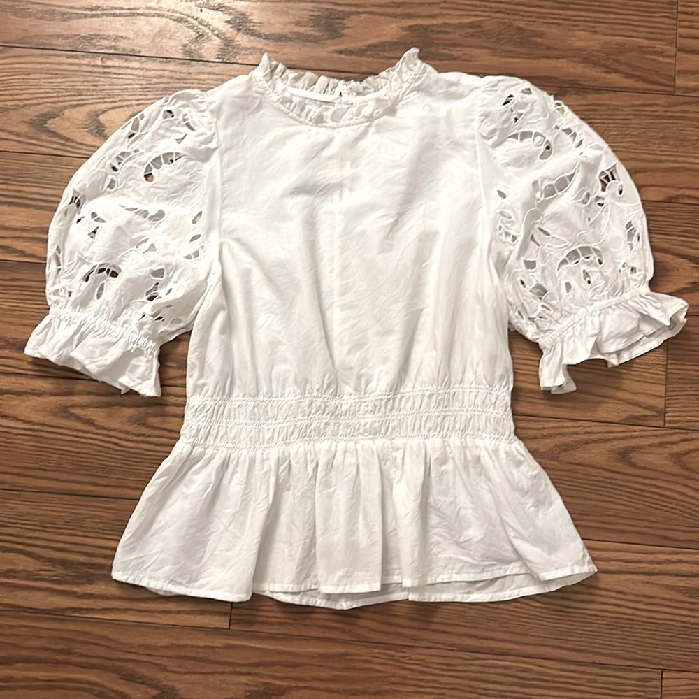 Embroidered Lace Puff Sleeve Blouse White Smocked Waist Peplum Top